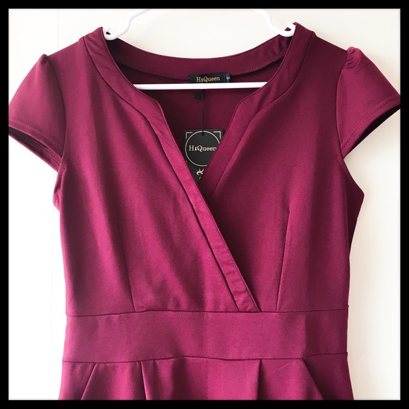 Burgundy Midi Pencil Dress with Pockets - Picture 4 of 8